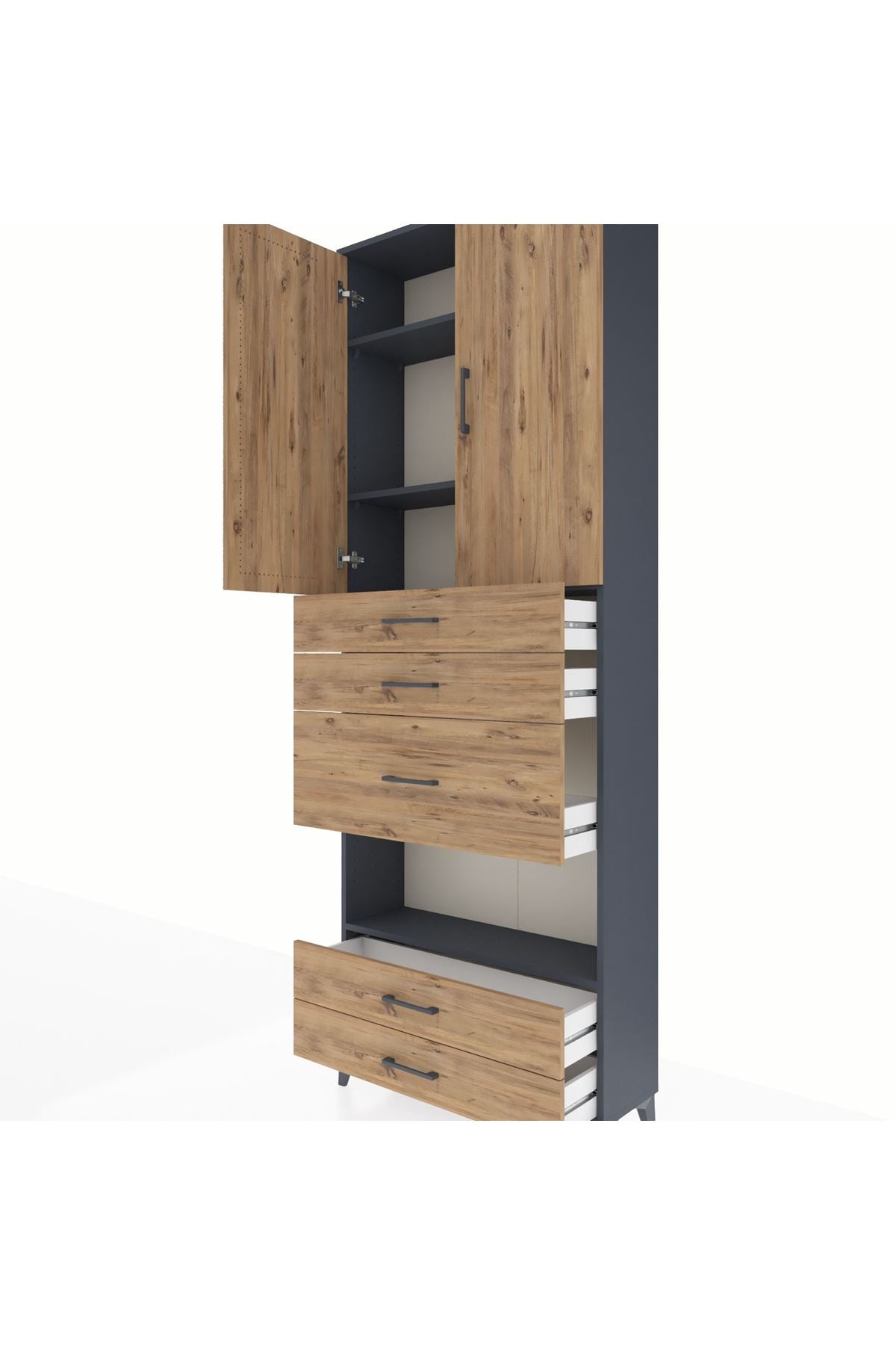 Arges Dolap 4 Raflı 5 Çekmeceli 2 Kapaklı 88x30x243 Antrasit-Çam