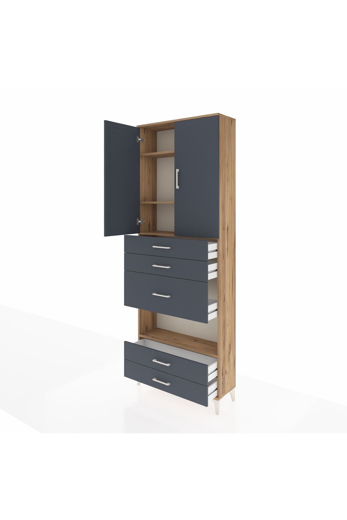 Arges Dolap 4 Raflı 5 Çekmeceli 2 Kapaklı 88x30x243 Çam-Antrasit