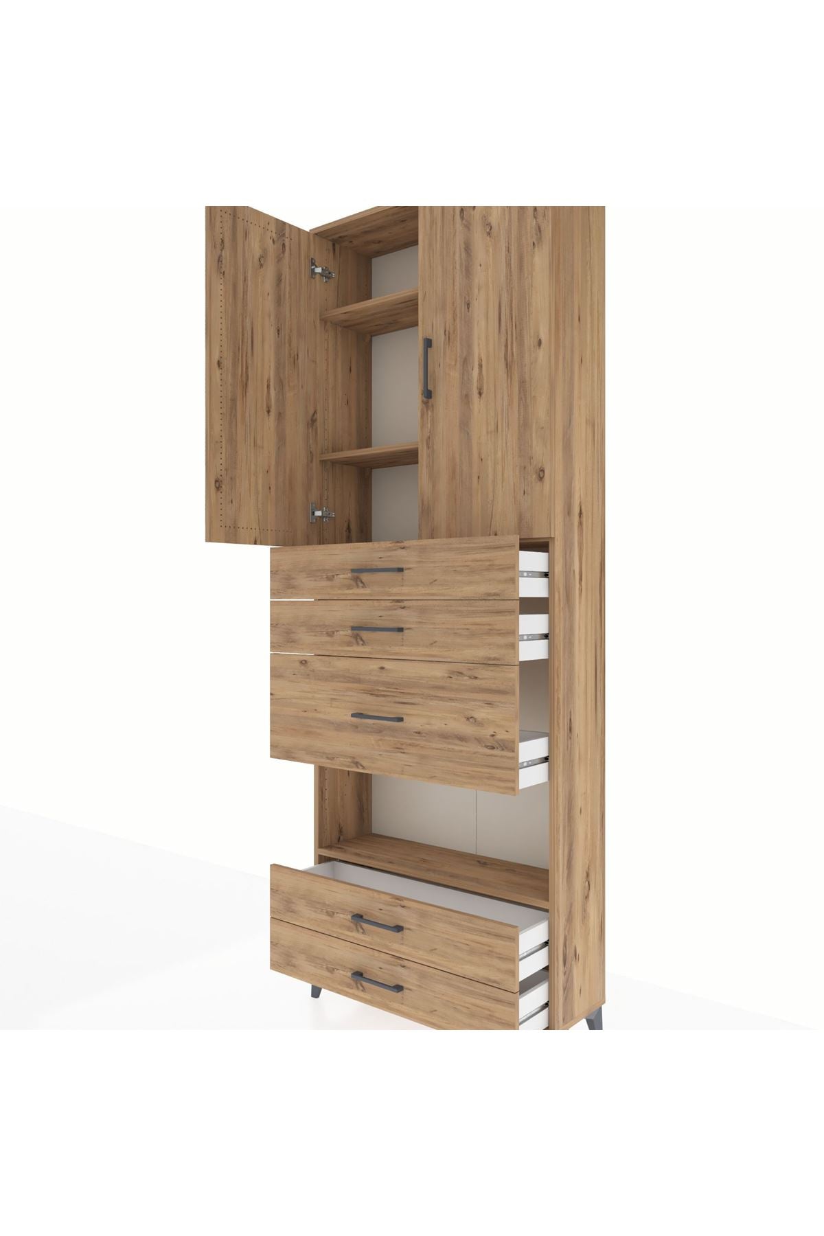 Arges Dolap 4 Raflı 5 Çekmeceli 2 Kapaklı 88x30x243 Çam-Çam