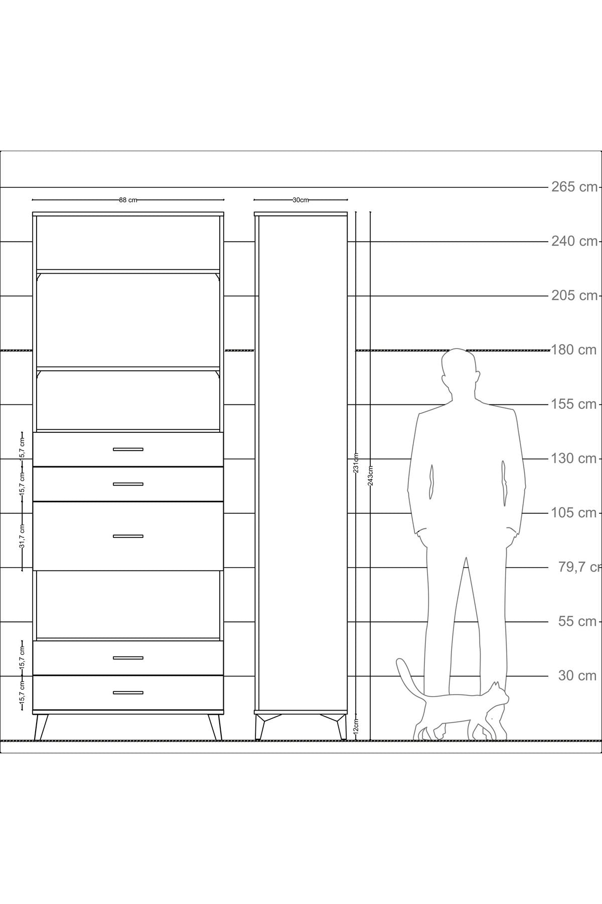 Arges Dolap 4 Raflı 5 Çekmeceli 88x30x243 Antrasit-Çam