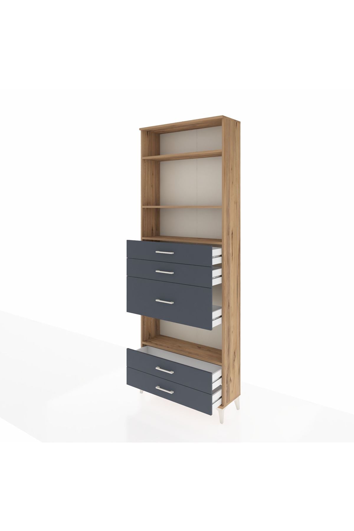 Arges Dolap 4 Raflı 5 Çekmeceli 88x30x243 Çam-Antrasit