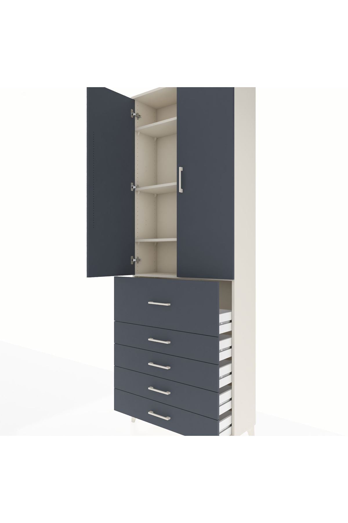 Arges Dolap 4 Raflı 5 Çekmeceli 2 Kapaklı 88x30x243 Aytaşı-Antrasit