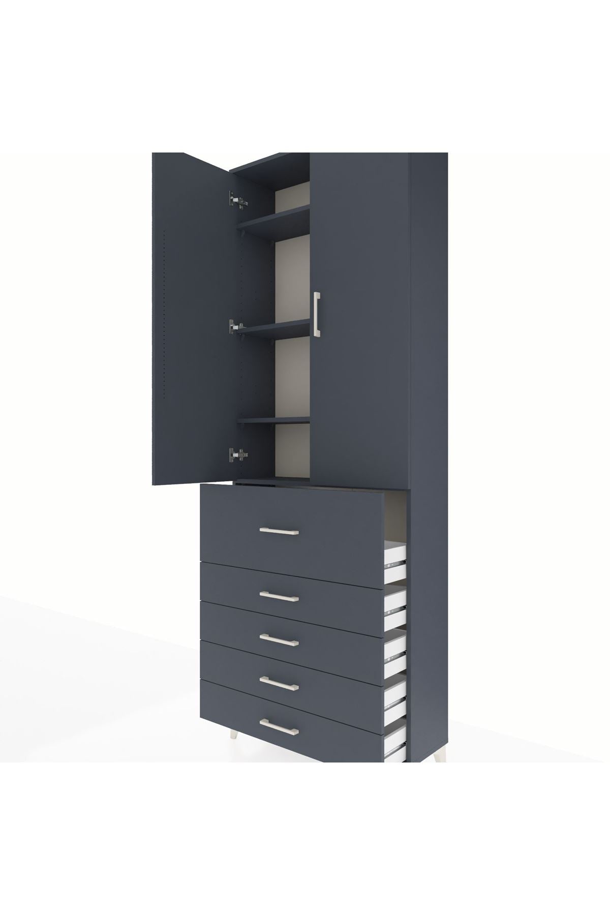 Arges Dolap 4 Raflı 5 Çekmeceli 2 Kapaklı 88x30x243 Antrasit-Antrasit