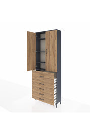 Arges Dolap 4 Raflı 5 Çekmeceli 2 Kapaklı 88x30x243 Antrasit-Çam