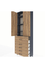 Arges Dolap 4 Raflı 5 Çekmeceli 2 Kapaklı 88x30x243 Antrasit-Çam