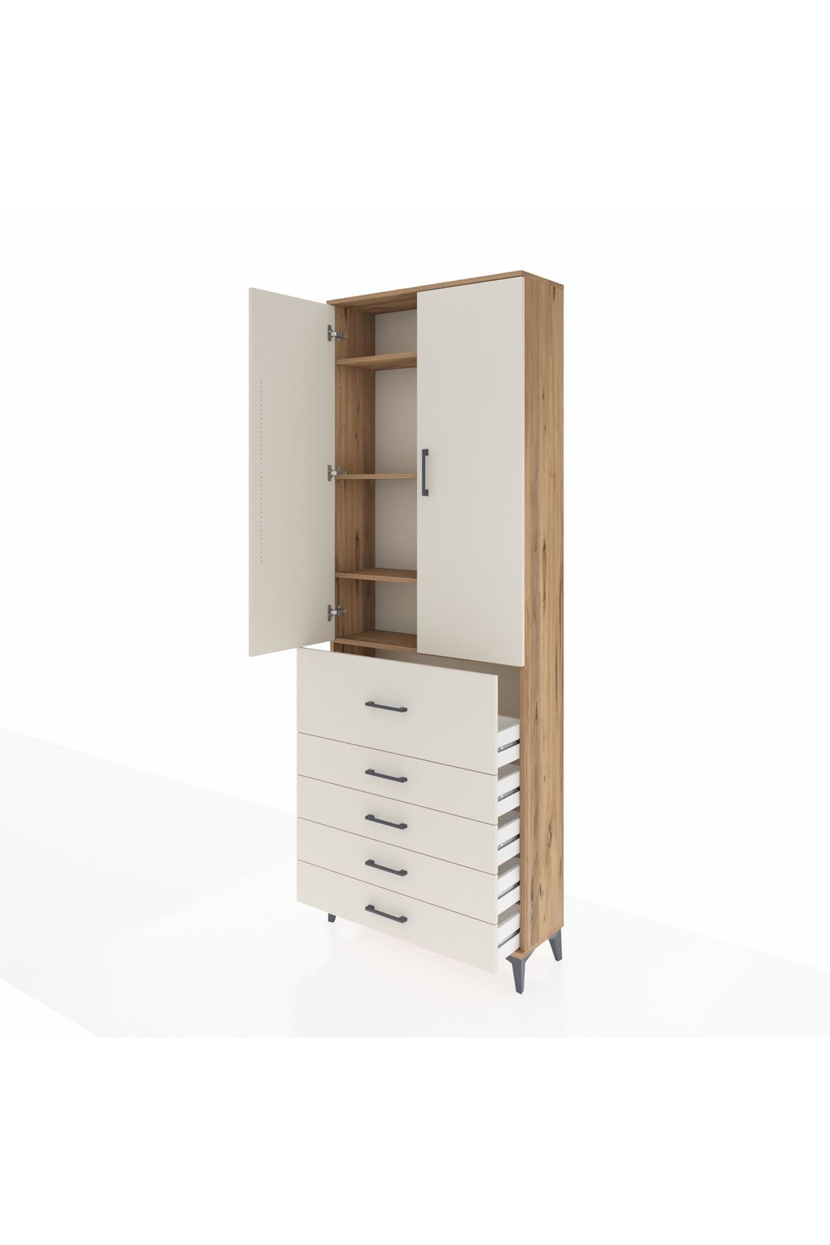 Arges Dolap 4 Raflı 5 Çekmeceli 2 Kapaklı 88x30x243 Çam-Aytaşı