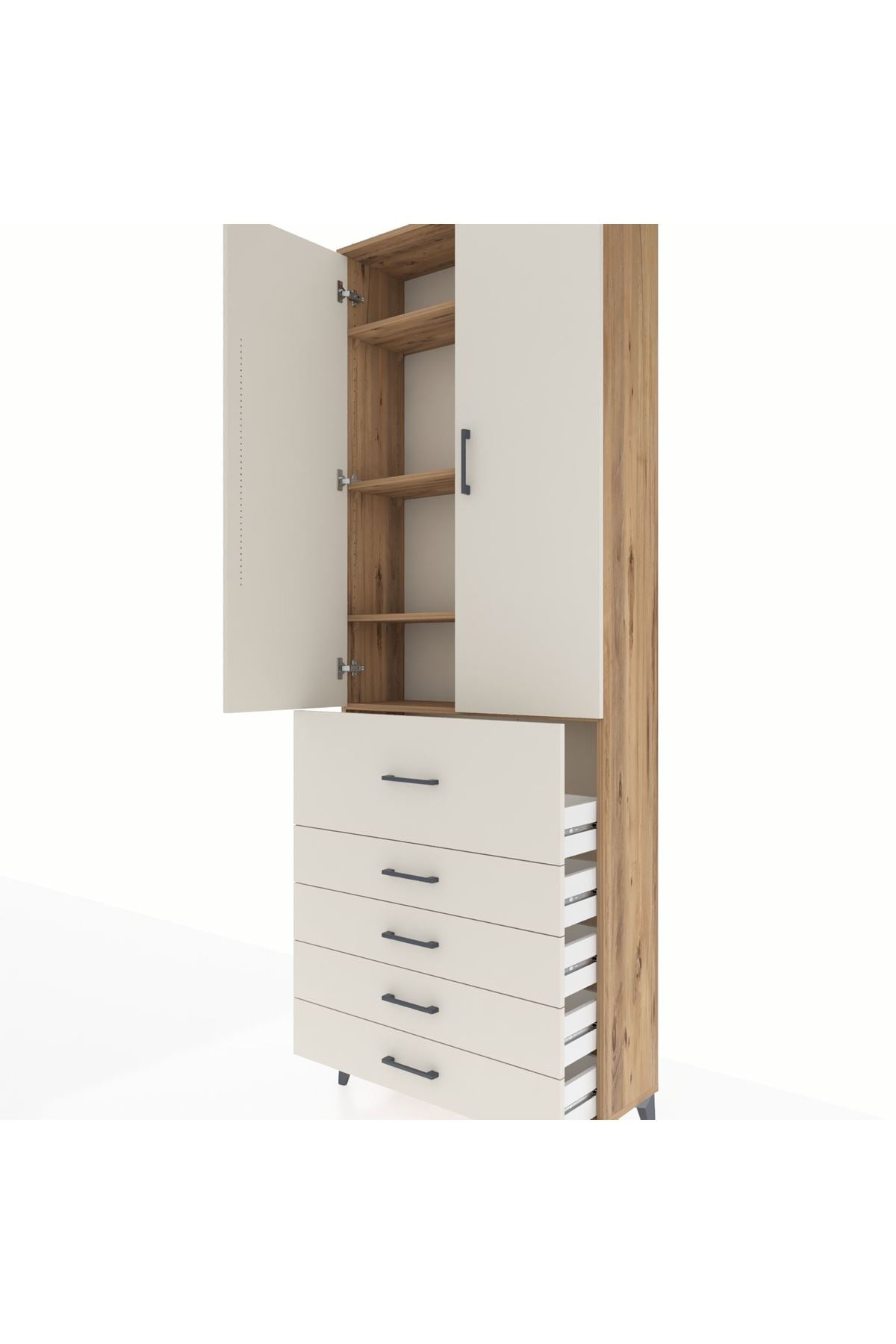Arges Dolap 4 Raflı 5 Çekmeceli 2 Kapaklı 88x30x243 Çam-Aytaşı