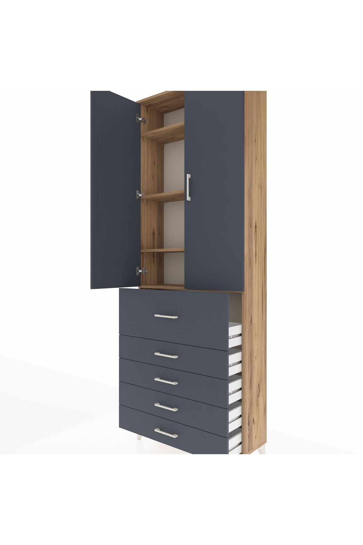 Arges Dolap 4 Raflı 5 Çekmeceli 2 Kapaklı 88x30x243 Çam-Antrasit