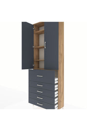 Arges Dolap 4 Raflı 5 Çekmeceli 2 Kapaklı 88x30x243 Çam-Antrasit