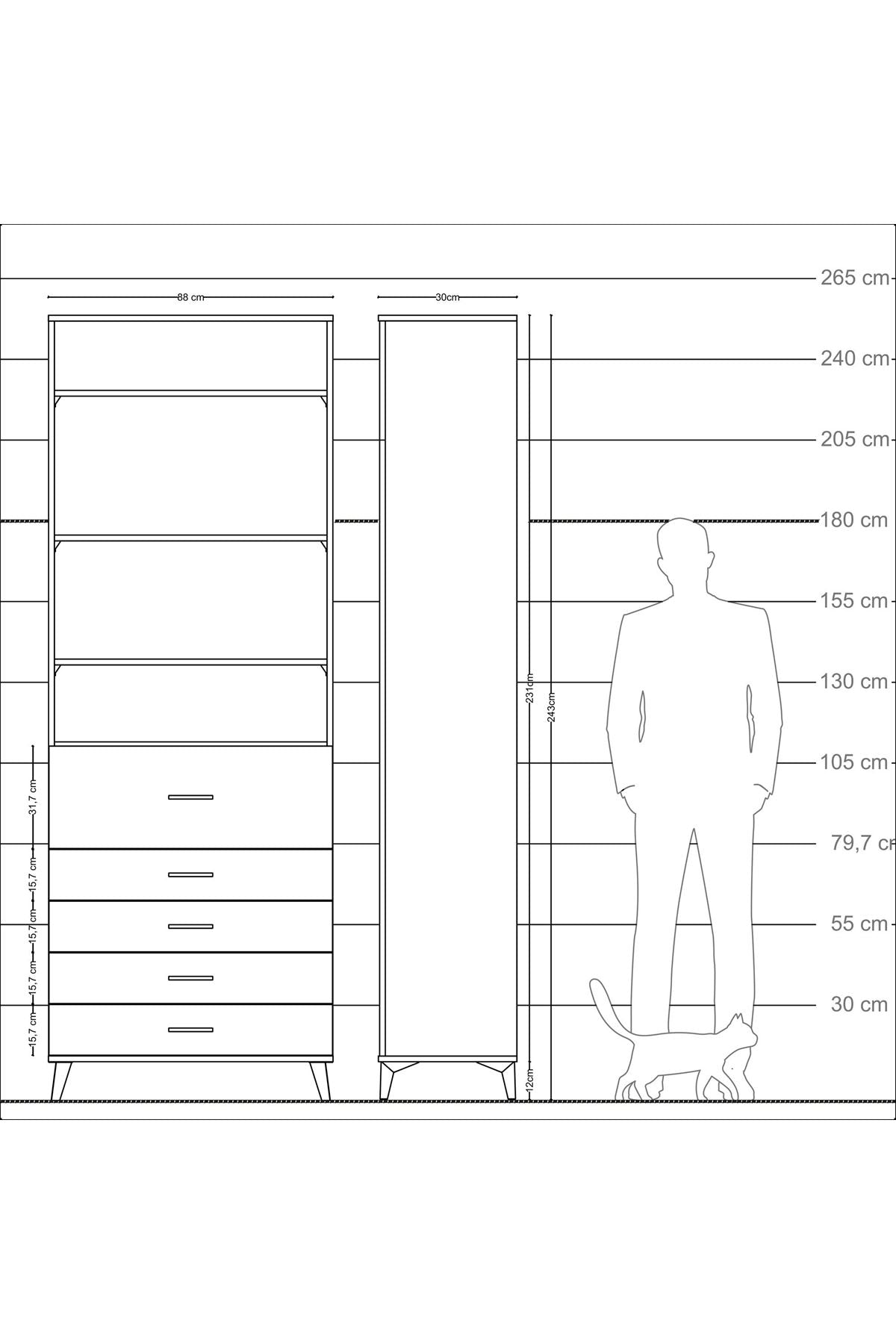 Arges Dolap 4 Raflı 5 Çekmeceli 88x30x243 Çam-Aytaşı