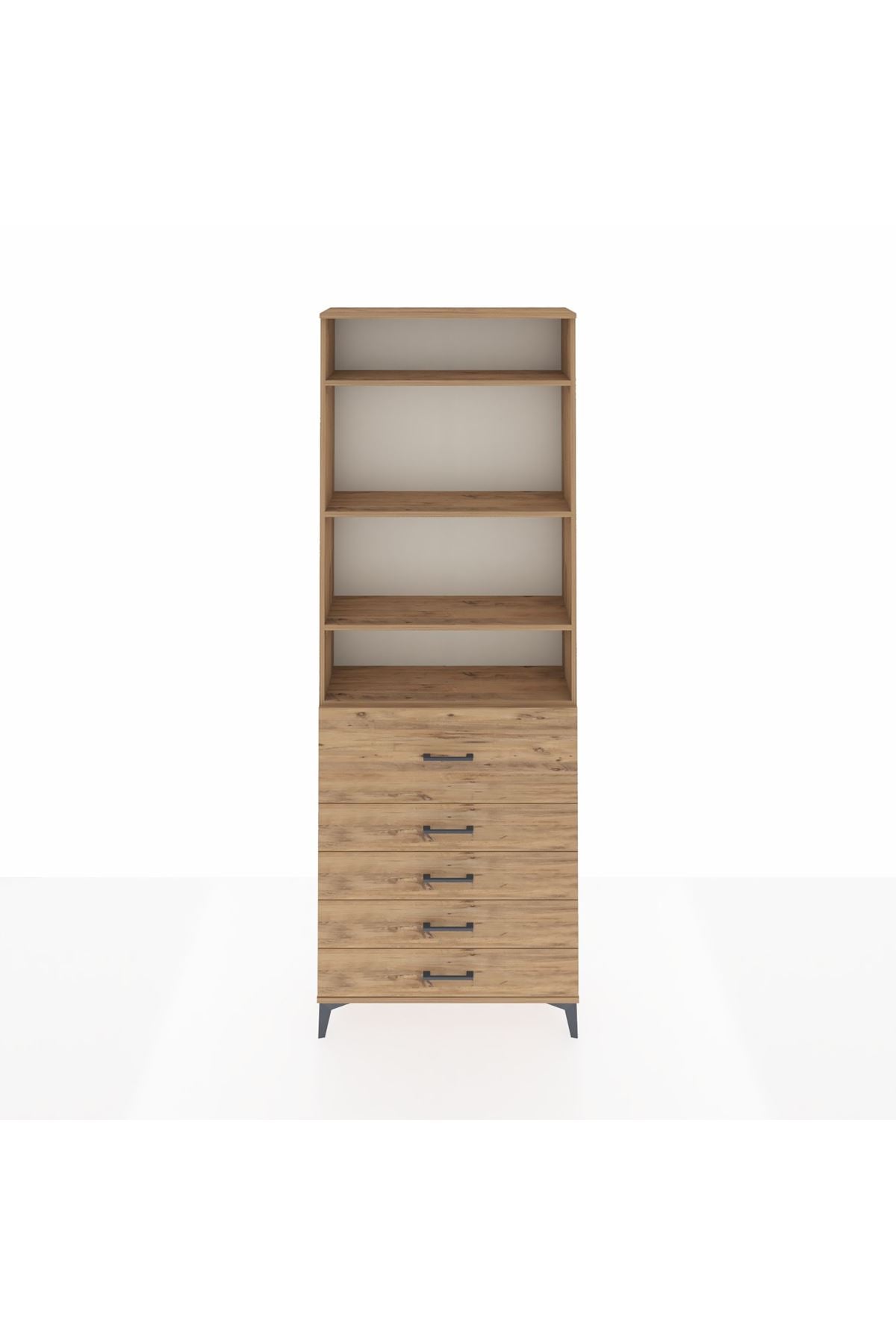 Arges Dolap 4 Raflı 5 Çekmeceli 88x30x243 Çam-Çam