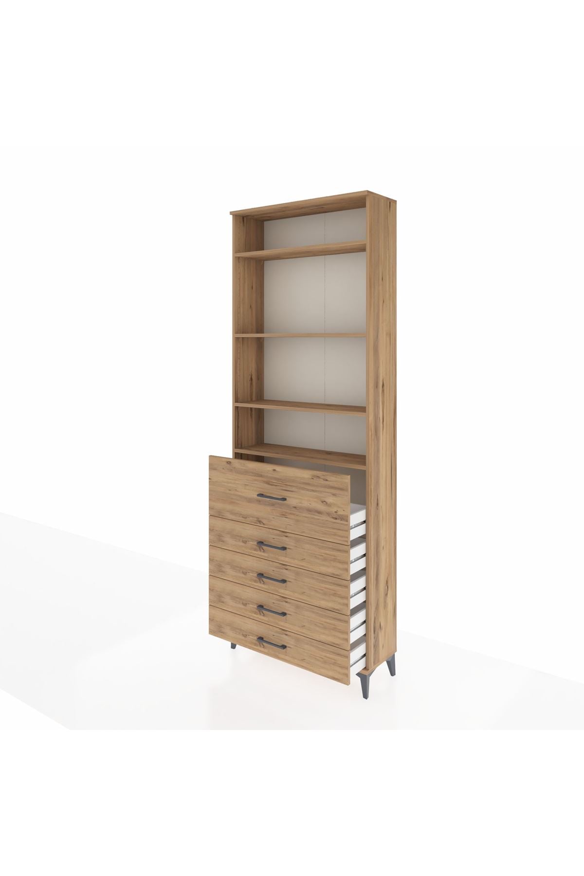 Arges Dolap 4 Raflı 5 Çekmeceli 88x30x243 Çam-Çam