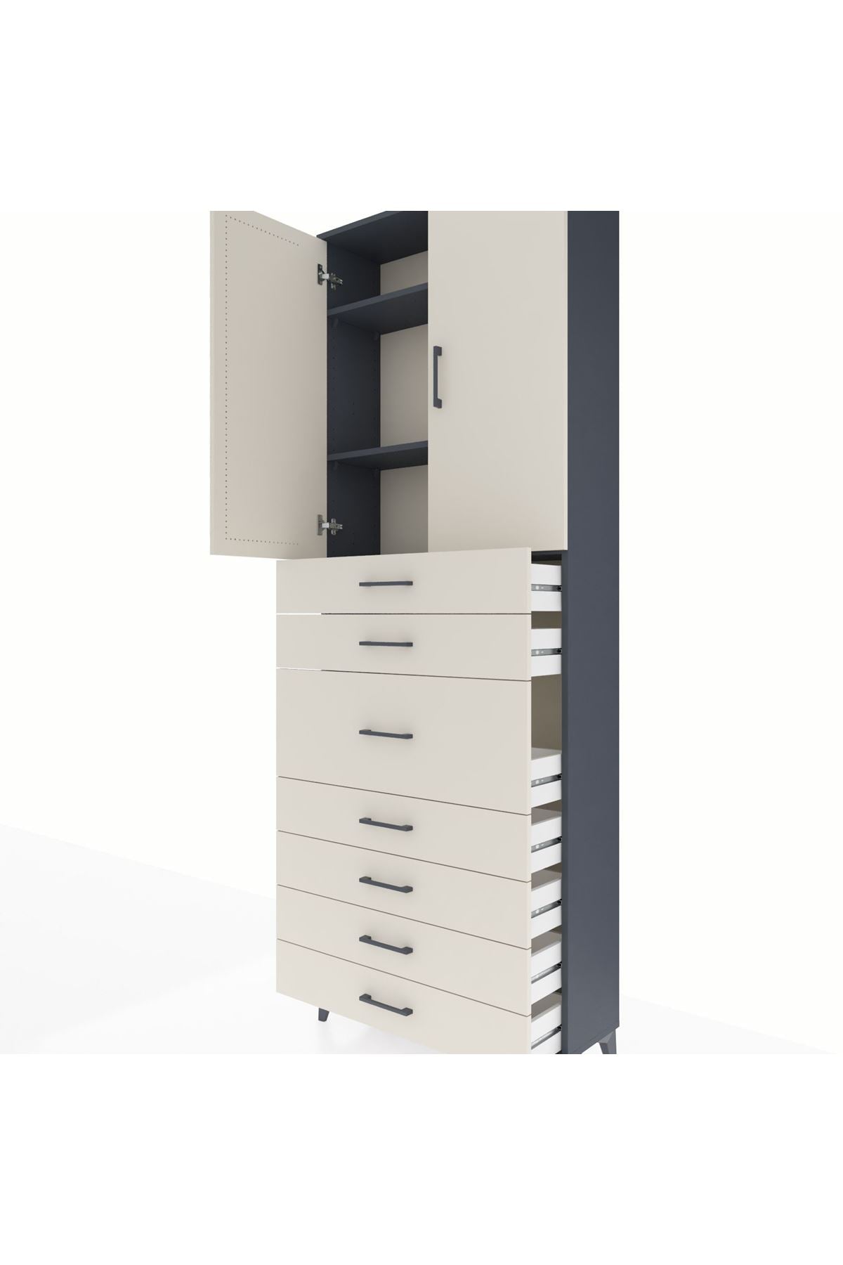 Arges Dolap 3 Raflı 7 Çekmeceli 2 Kapaklı 88x30x243 Antrasit-Aytaşı