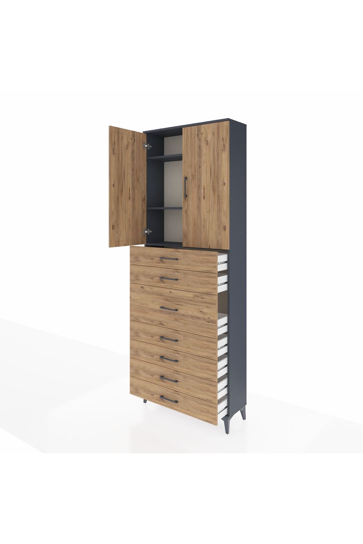 Arges Dolap 3 Raflı 7 Çekmeceli 2 Kapaklı 88x30x243 Antrasit-Çam