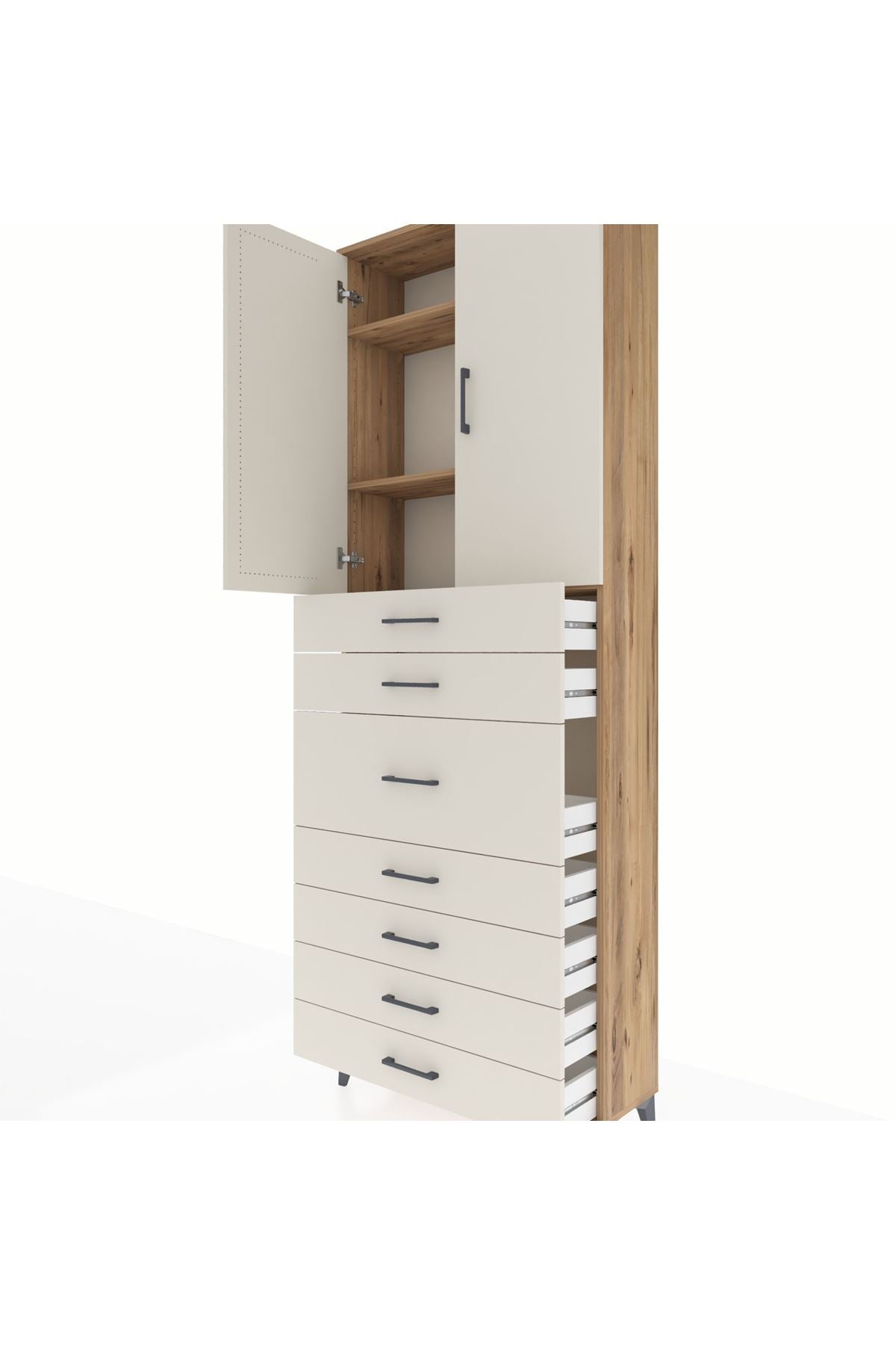 Arges Dolap 3 Raflı 7 Çekmeceli 2 Kapaklı 88x30x243 Çam-Aytaşı