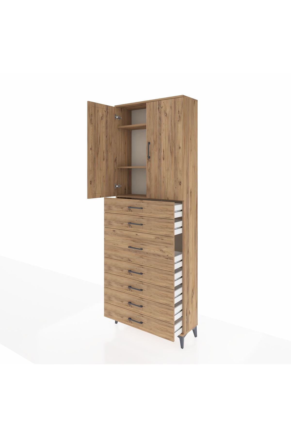 Arges Dolap 3 Raflı 7 Çekmeceli 2 Kapaklı 88x30x243 Çam-Çam