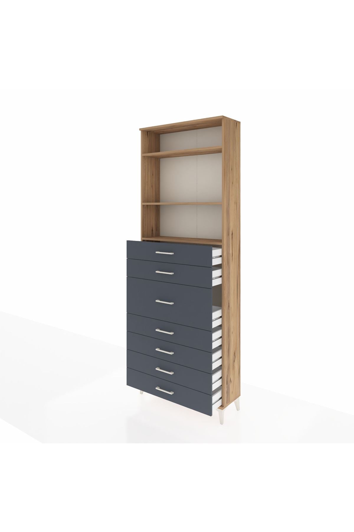 Arges Dolap 3 Raflı 7 Çekmeceli 88x30x243 Çam-Antrasit