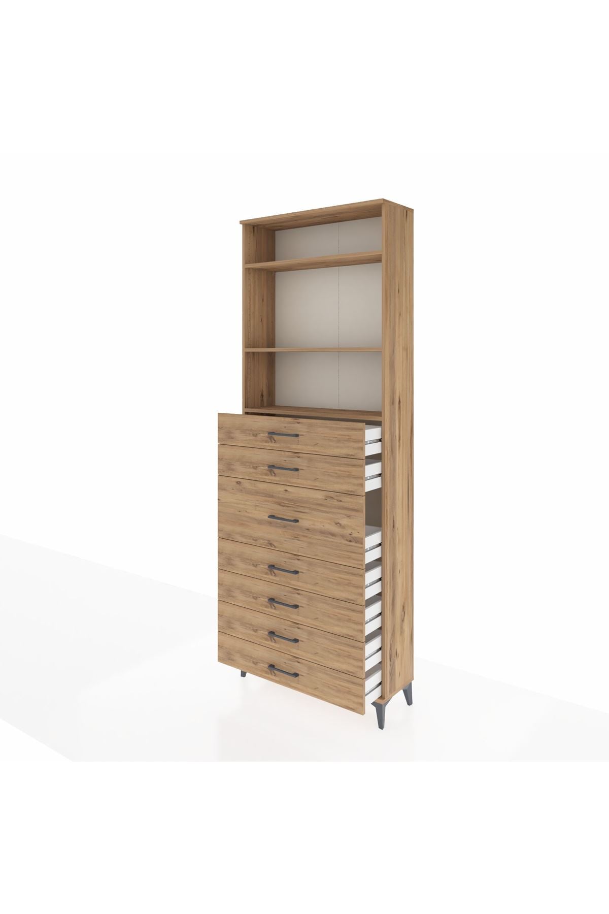 Arges Dolap 3 Raflı 7 Çekmeceli 88x30x243 Çam-Çam