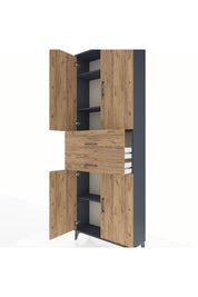 Arges Dolap 4 Raflı 2 Çekmeceli 4 Kapaklı 88x30x243 Antrasit-Çam
