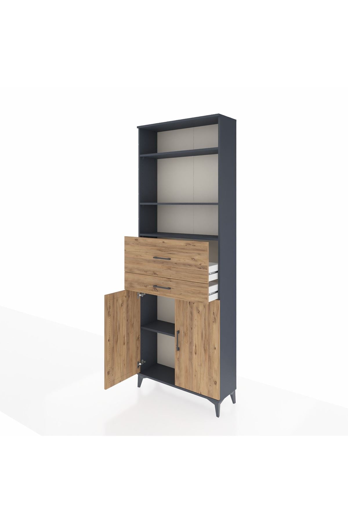 Arges Dolap 4 Raflı 2 Çekmeceli 2 Kapaklı 88x30x243 Antrasit-Çam