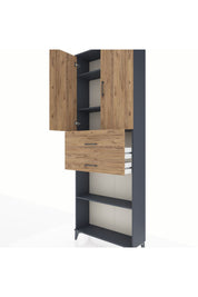 Arges Dolap 4 Raflı 2 Çekmeceli 2 Kapaklı 88x30x243 Antrasit-Çam