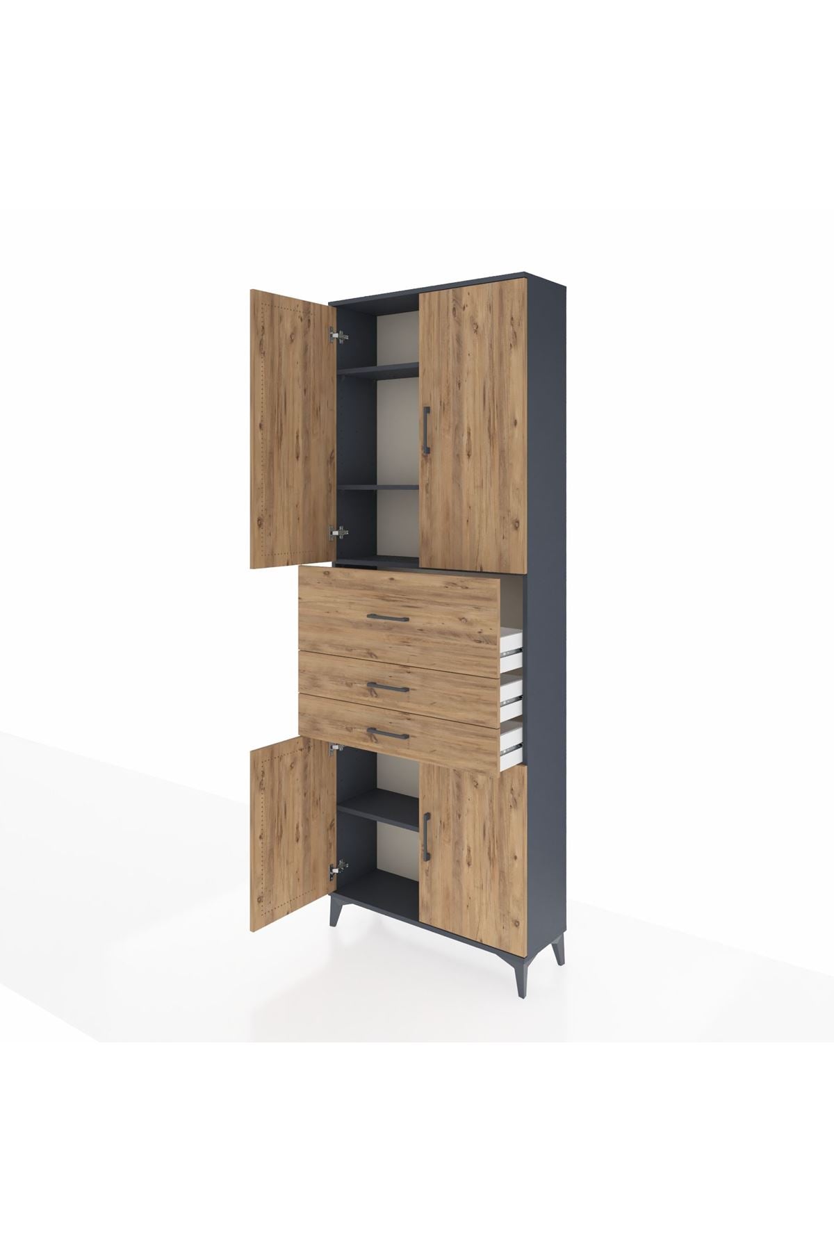 Arges Dolap 4 Raflı 3 Çekmeceli 4 Kapaklı 88x30x243 Antrasit-Çam