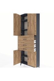 Arges Dolap 4 Raflı 3 Çekmeceli 4 Kapaklı 88x30x243 Antrasit-Çam