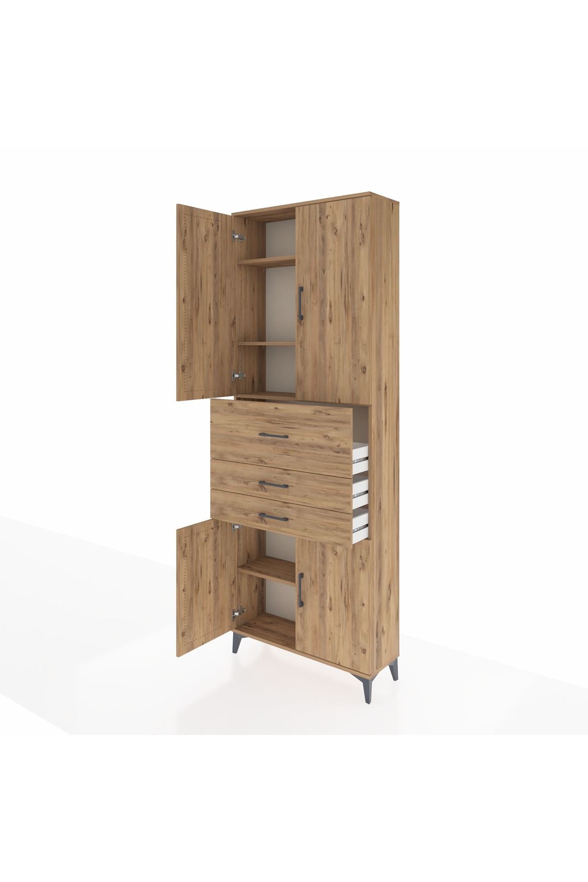 Arges Dolap 4 Raflı 3 Çekmeceli 4 Kapaklı 88x30x243 Çam-Çam