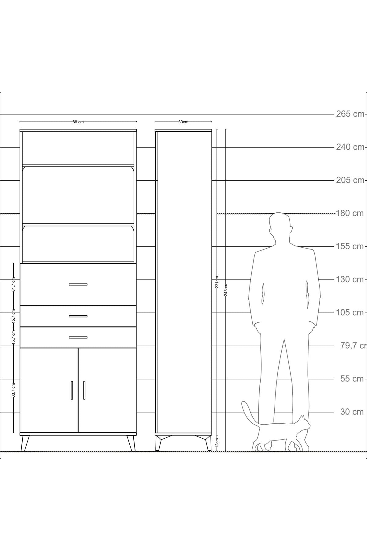 Arges Dolap 4 Raflı 3 Çekmeceli 2 Kapaklı 88x30x243 Antrasit-Antrasit
