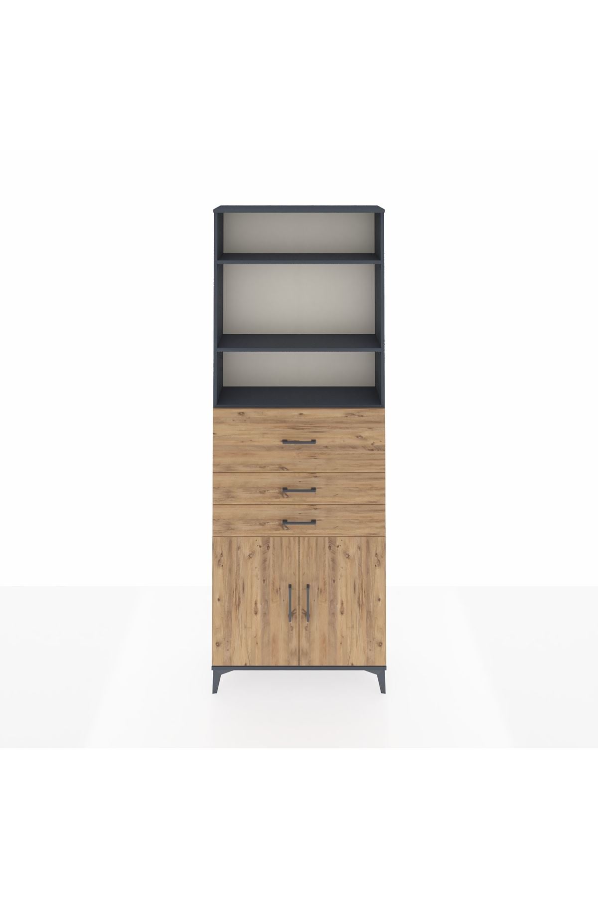 Arges Dolap 4 Raflı 3 Çekmeceli 2 Kapaklı 88x30x243 Antrasit-Çam