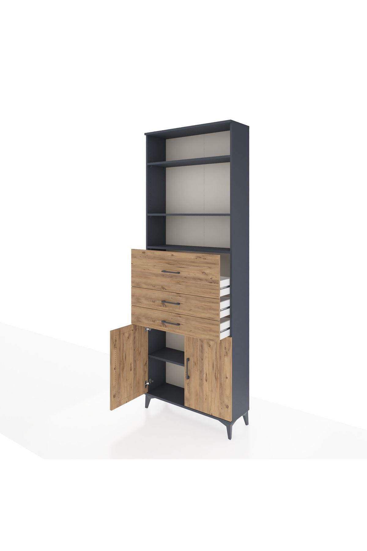 Arges Dolap 4 Raflı 3 Çekmeceli 2 Kapaklı 88x30x243 Antrasit-Çam