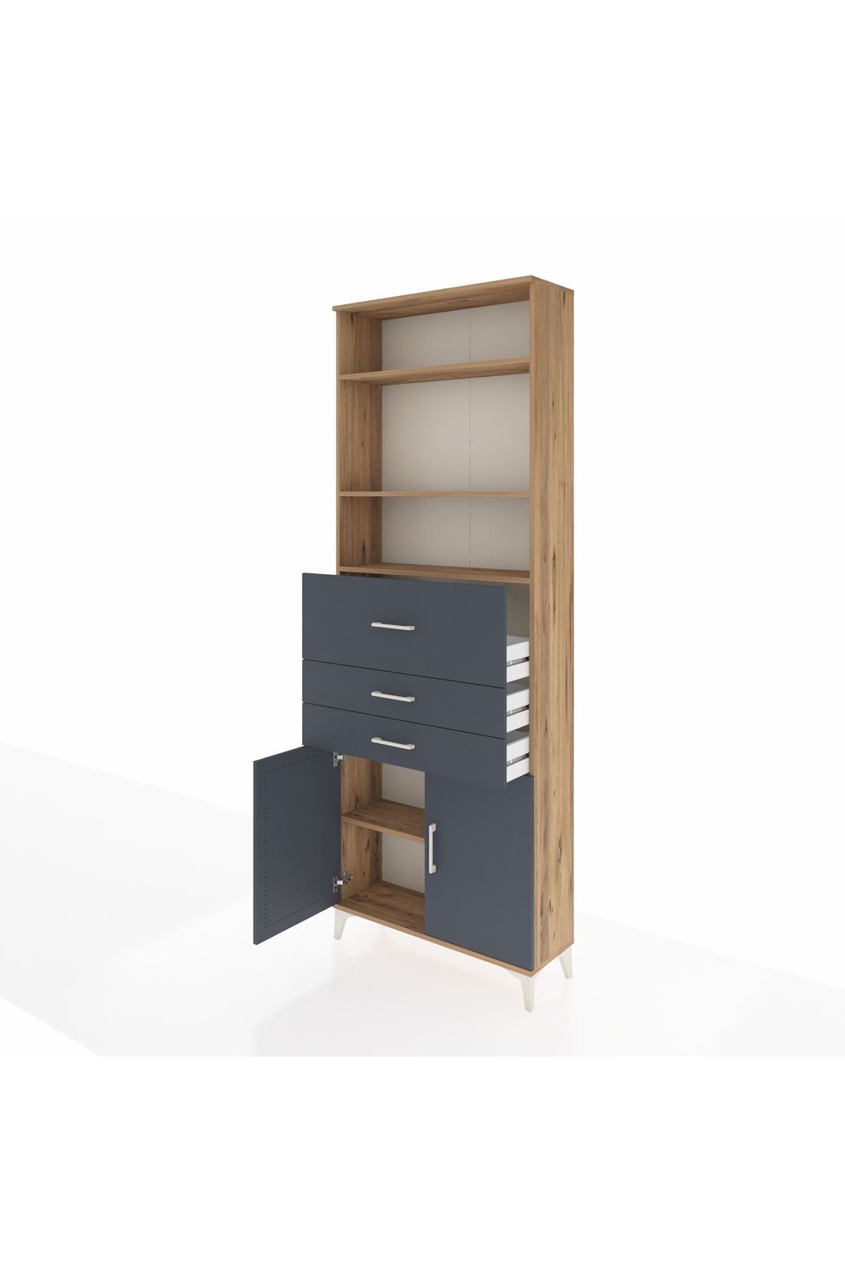 Arges Dolap 4 Raflı 3 Çekmeceli 2 Kapaklı 88x30x243 Çam-Antrasit