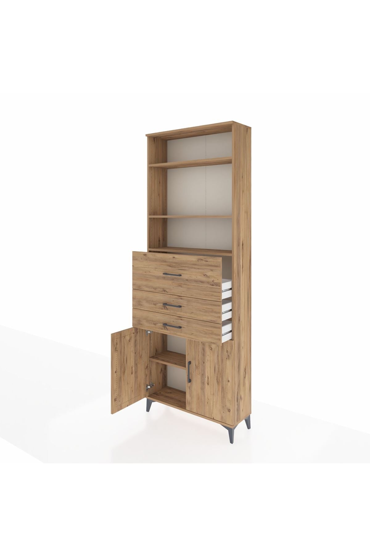 Arges Dolap 4 Raflı 3 Çekmeceli 2 Kapaklı 88x30x243 Çam-Çam