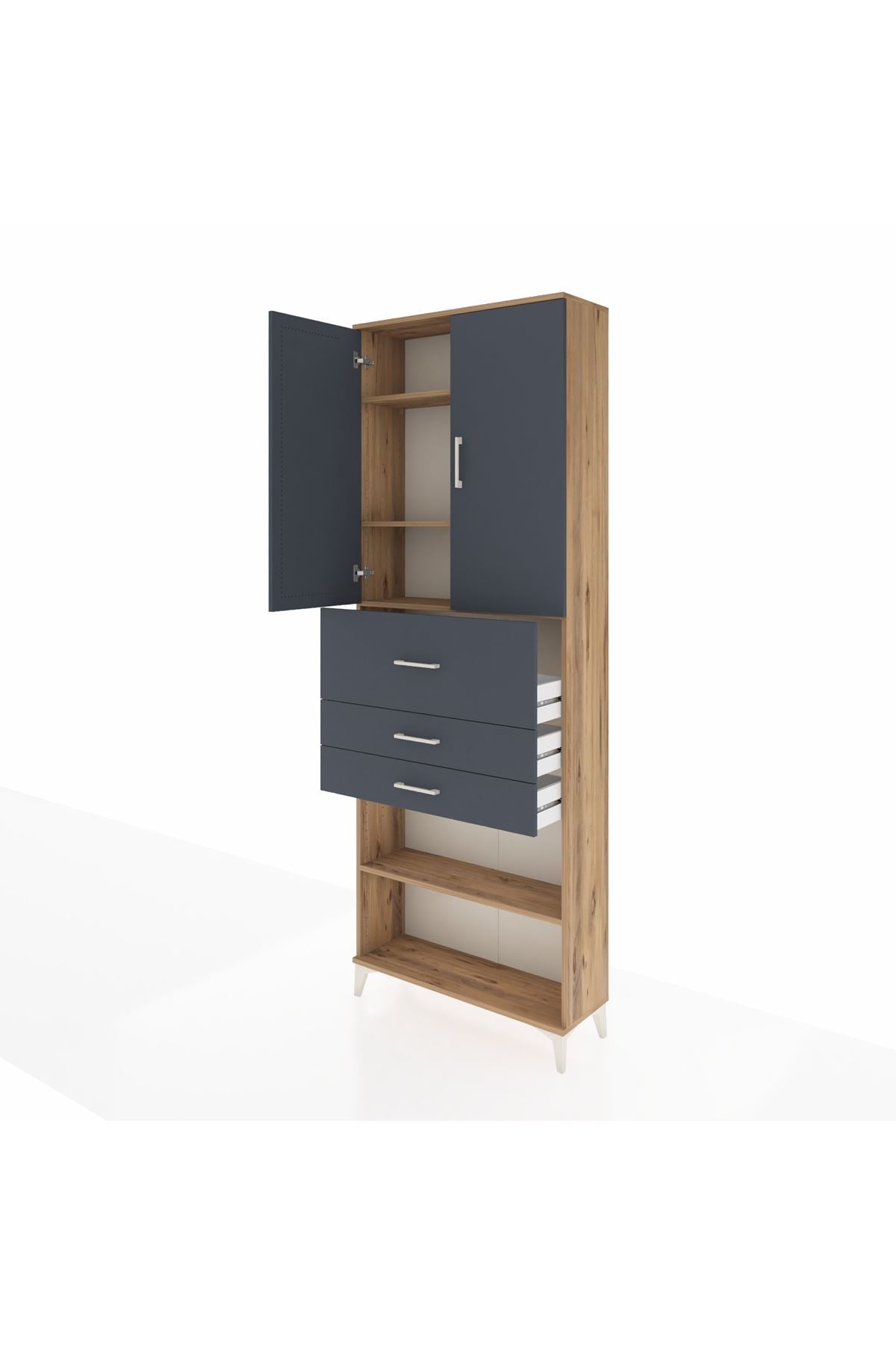 Arges Dolap 4 Raflı 3 Çekmeceli 2 Kapaklı 88x30x243 Çam-Antrasit