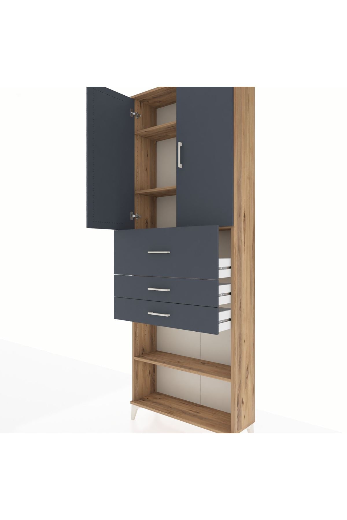 Arges Dolap 4 Raflı 3 Çekmeceli 2 Kapaklı 88x30x243 Çam-Antrasit