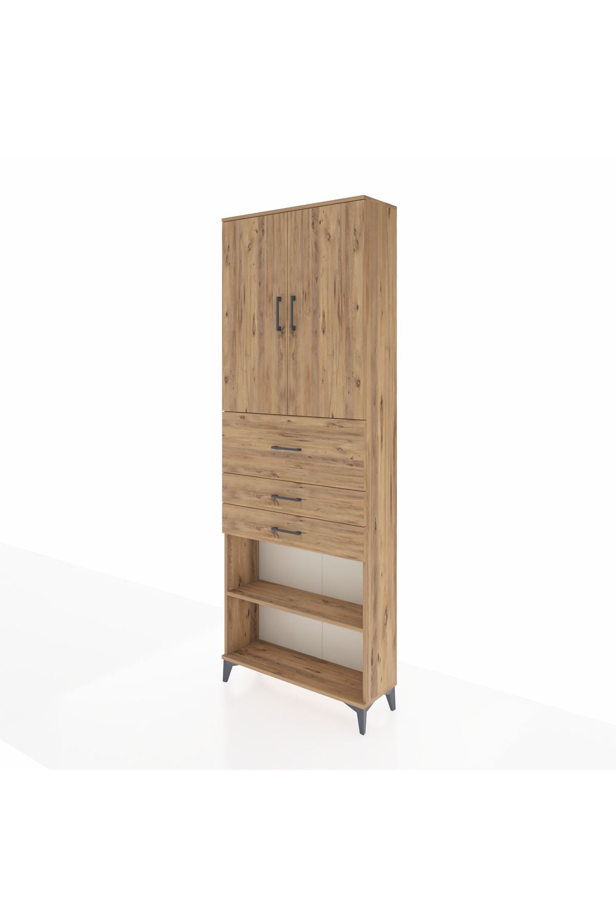 Arges Dolap 4 Raflı 3 Çekmeceli 2 Kapaklı 88x30x243 Çam-Çam