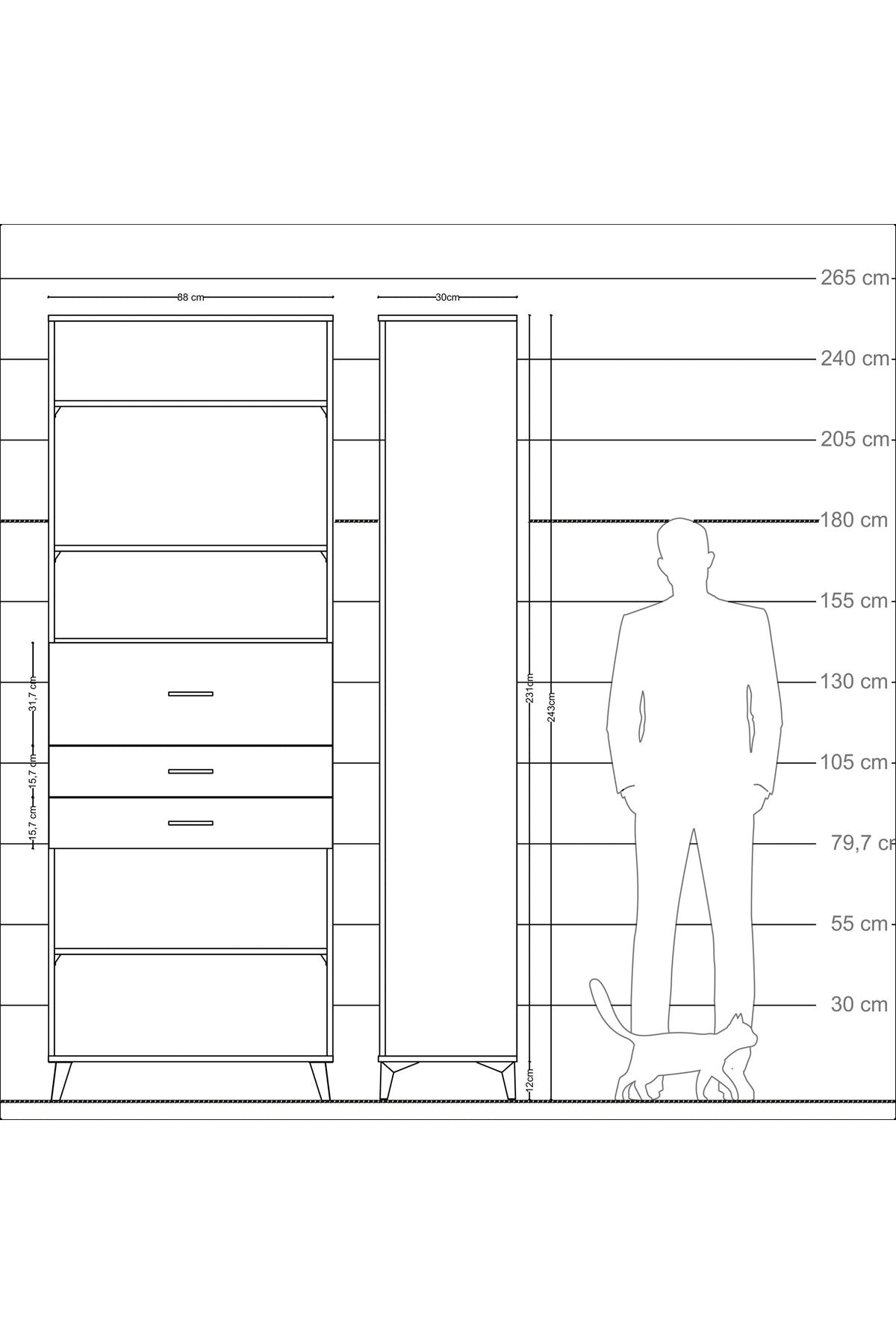 Arges Dolap 4 Raflı 3 Çekmeceli 88x30x243 Çam-Çam