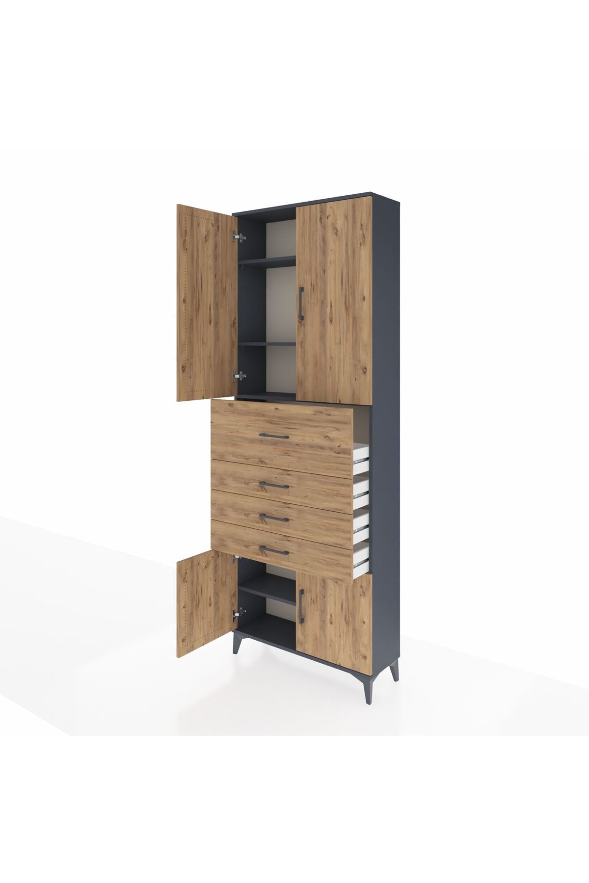 Arges Dolap 4 Raflı 4 Çekmeceli 4 Kapaklı 88x30x243 Antrasit-Çam