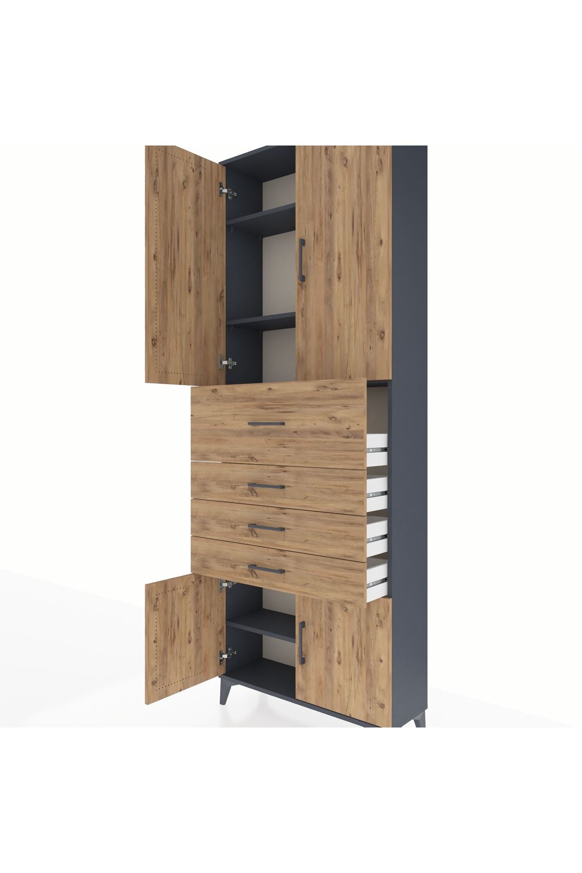 Arges Dolap 4 Raflı 4 Çekmeceli 4 Kapaklı 88x30x243 Antrasit-Çam