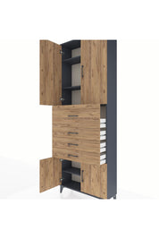 Arges Dolap 4 Raflı 4 Çekmeceli 4 Kapaklı 88x30x243 Antrasit-Çam