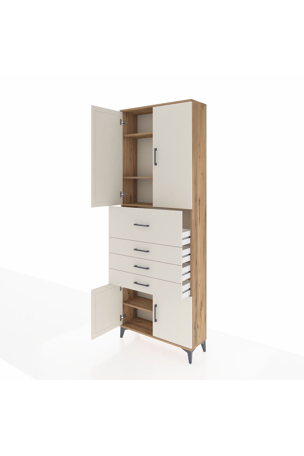 Arges Dolap 4 Raflı 4 Çekmeceli 4 Kapaklı 88x30x243 Çam-Aytaşı