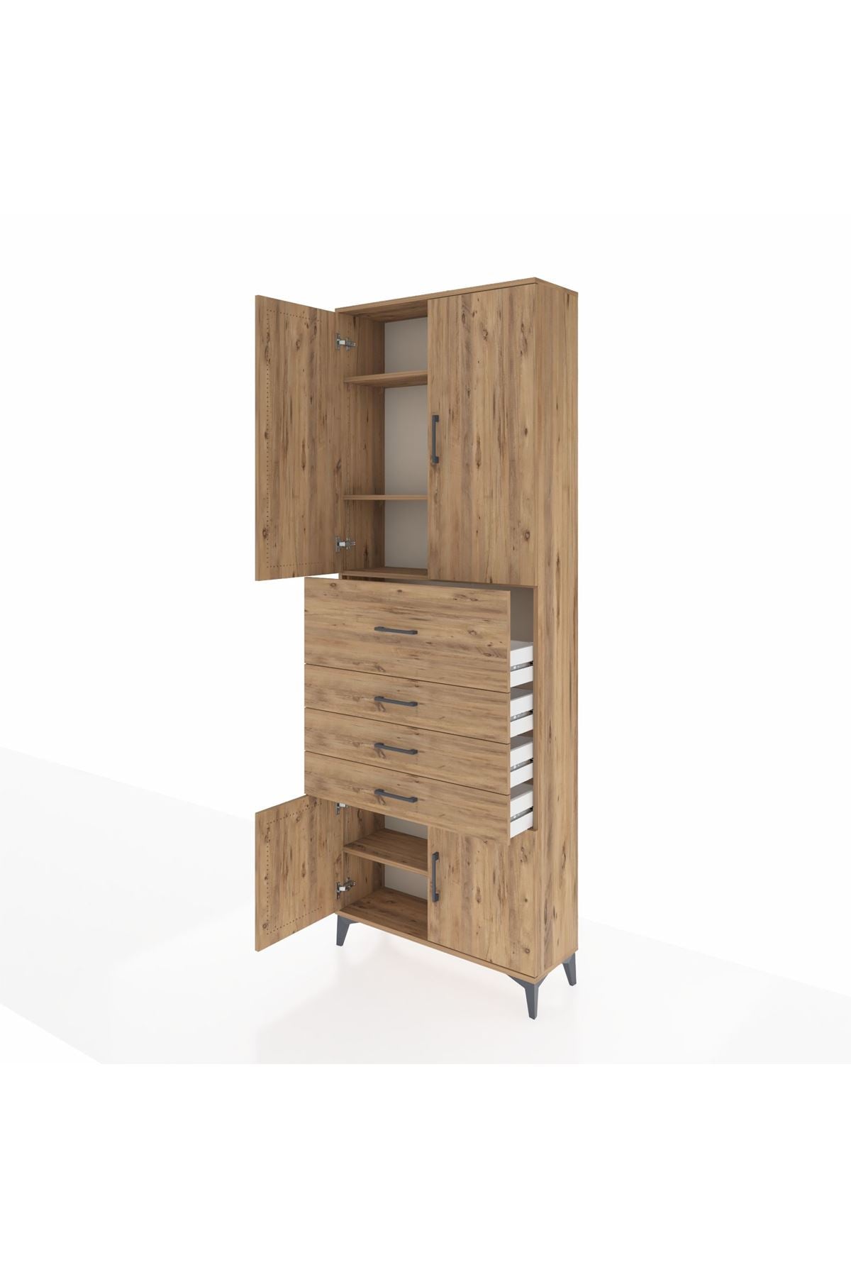 Arges Dolap 4 Raflı 4 Çekmeceli 4 Kapaklı 88x30x243 Çam-Çam