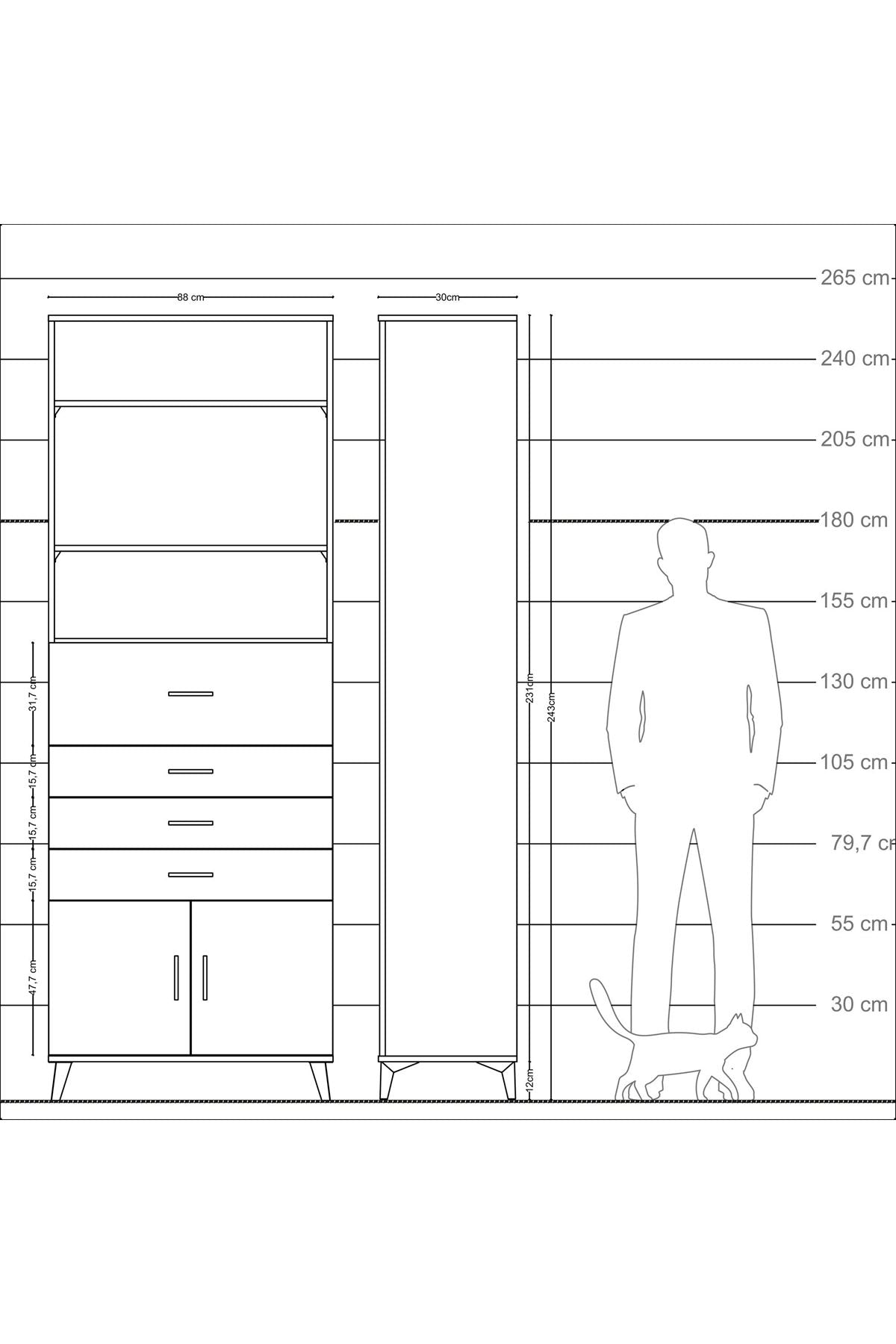 Arges Dolap 4 Raflı 4 Çekmeceli 2 Kapaklı 88x30x243 Antrasit-Aytaşı