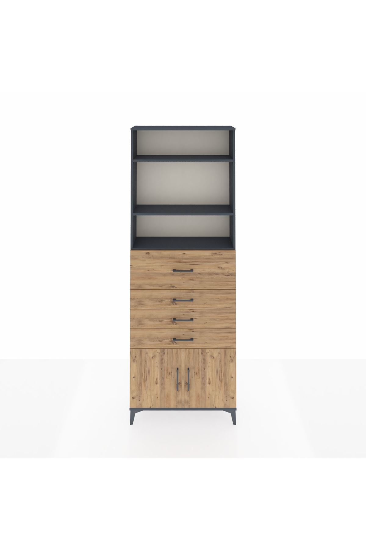 Arges Dolap 4 Raflı 4 Çekmeceli 2 Kapaklı 88x30x243 Antrasit-Çam