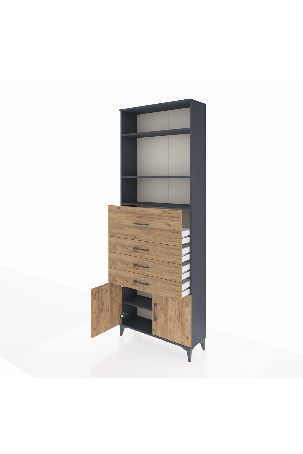 Arges Dolap 4 Raflı 4 Çekmeceli 2 Kapaklı 88x30x243 Antrasit-Çam