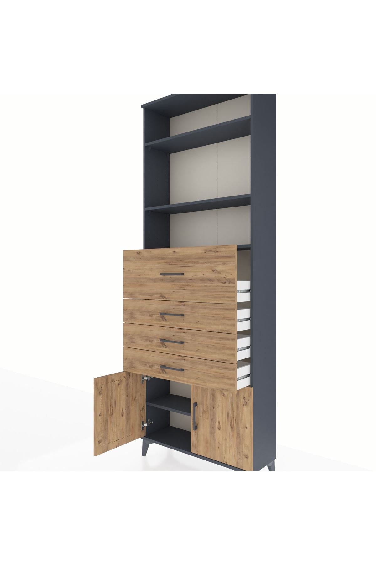 Arges Dolap 4 Raflı 4 Çekmeceli 2 Kapaklı 88x30x243 Antrasit-Çam