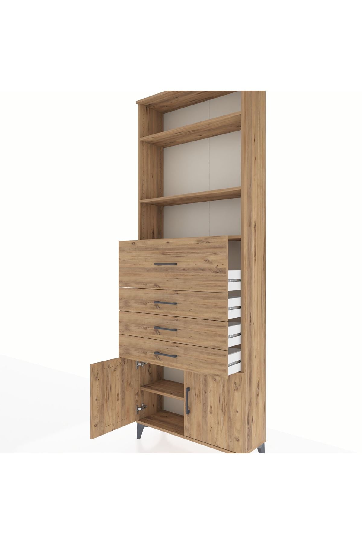 Arges Dolap 4 Raflı 4 Çekmeceli 2 Kapaklı 88x30x243 Çam-Çam