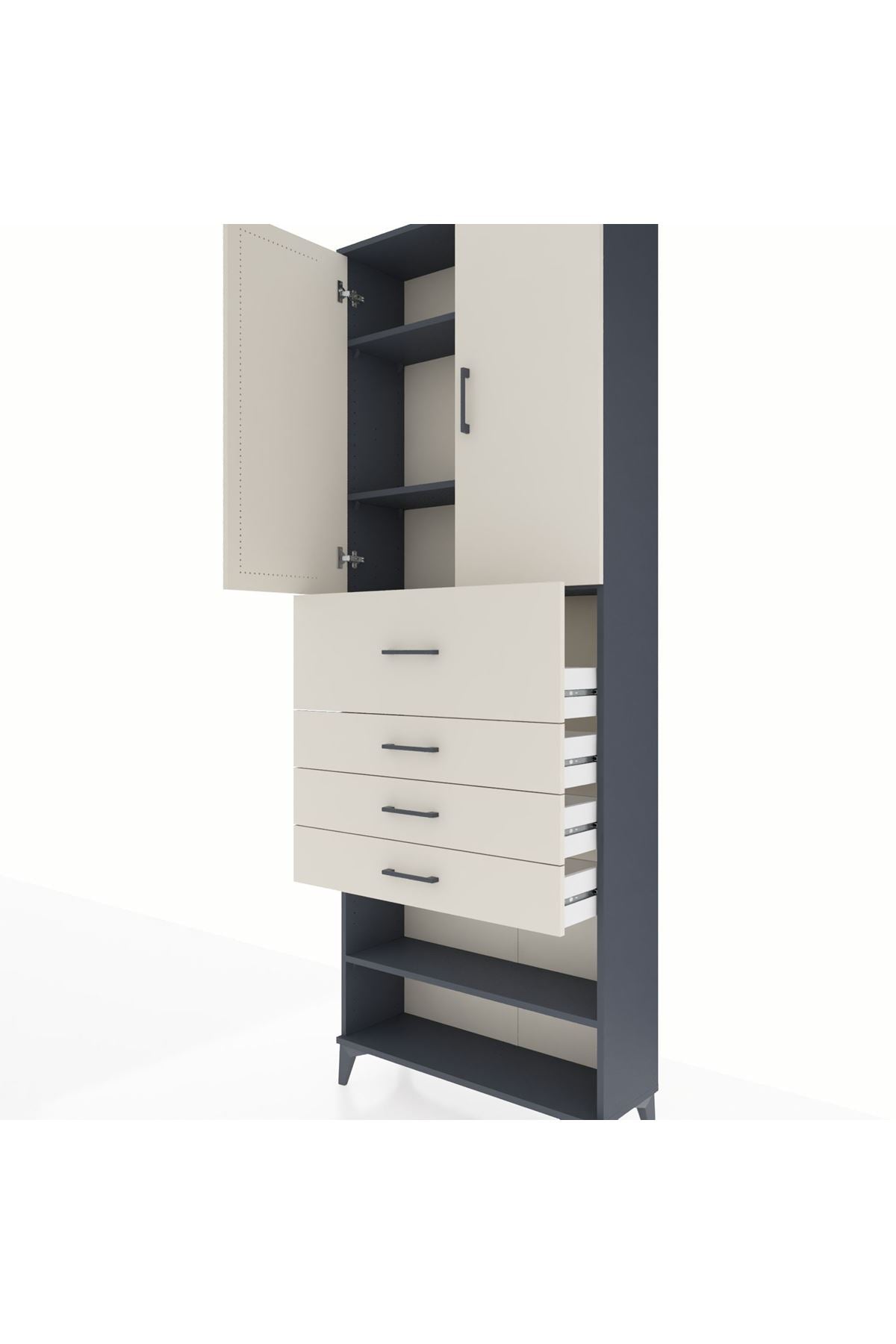 Arges Dolap 4 Raflı 4 Çekmeceli 2 Kapaklı 88x30x243 Antrasit-Aytaşı