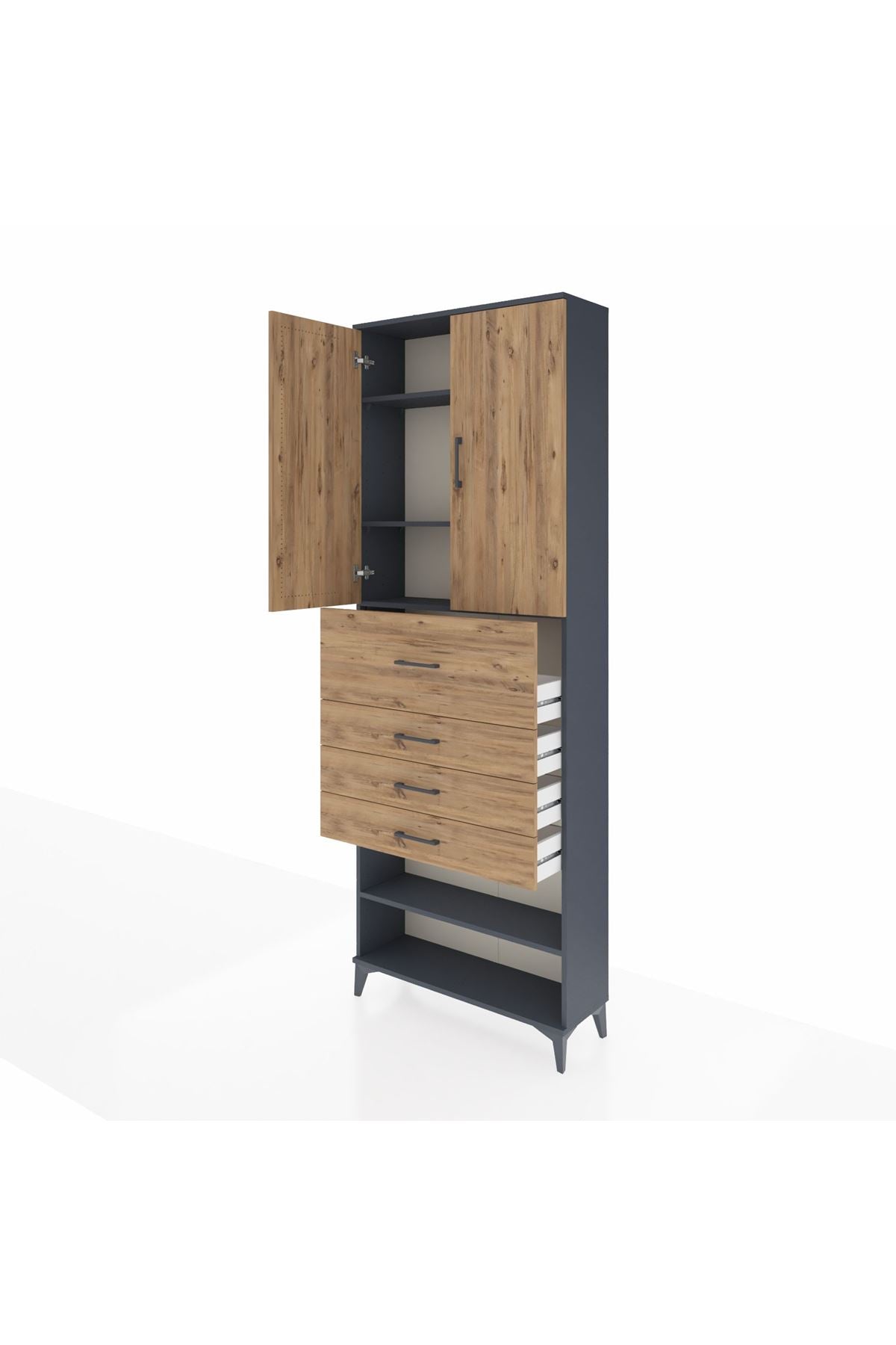 Arges Dolap 4 Raflı 4 Çekmeceli 2 Kapaklı 88x30x243 Antrasit-Çam