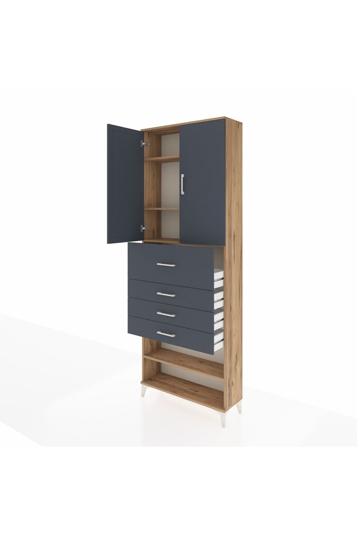 Arges Dolap 4 Raflı 4 Çekmeceli 2 Kapaklı 88x30x243 Çam-Antrasit